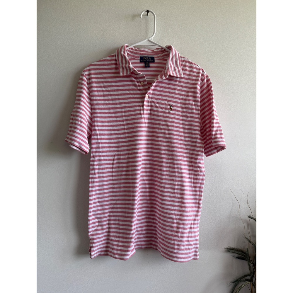 Polo Ralph Lauren kids XL Pink White Striped Short Sleeve Pique Polo Shirt 3820